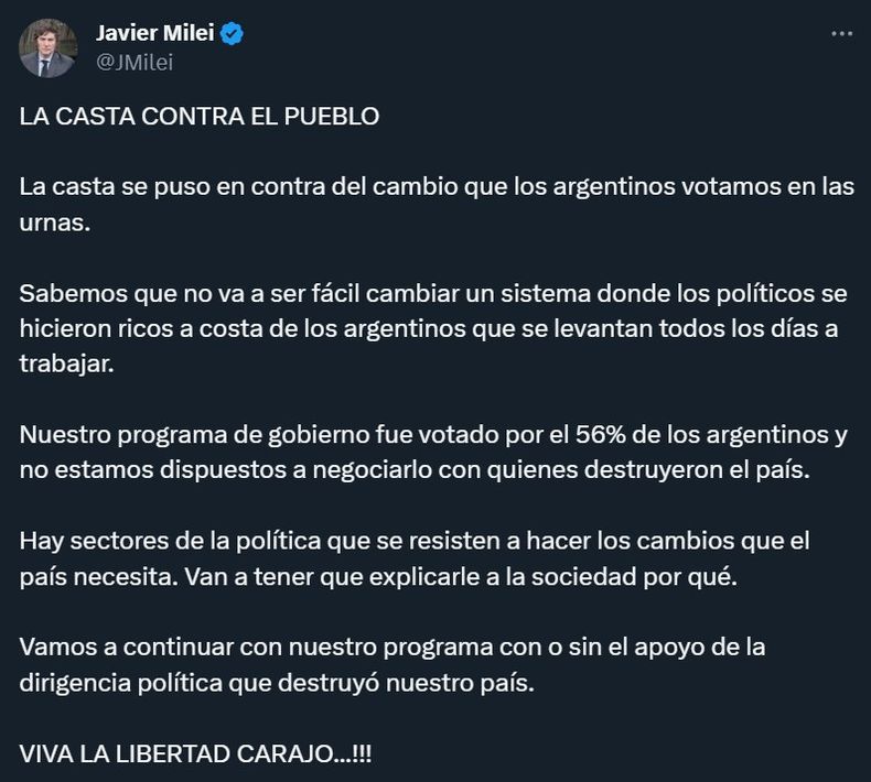 Javier Milei A Todo O Nada Tras Caerse La Ley Mnibus La Casta Contra