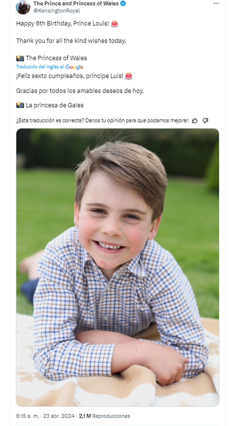 Se conoció una nueva imagen del Príncipe Luis sacada por su madre Kate