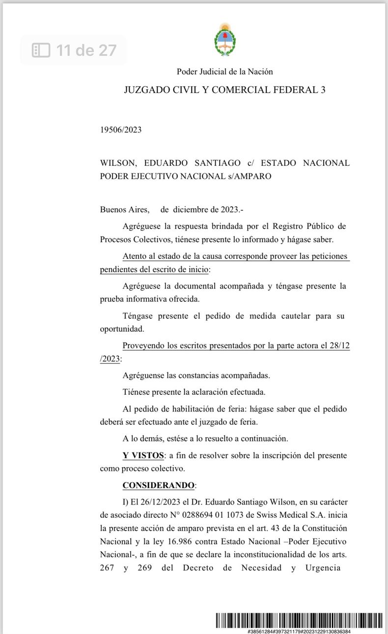 La Justicia aceptó un amparo colectivo de salud contra el DNU de Javier