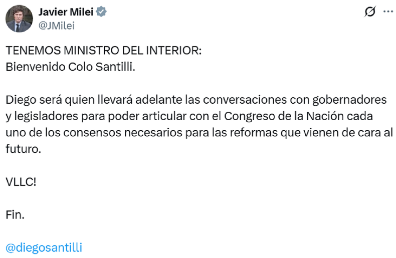 La publicación de Javier Milei.