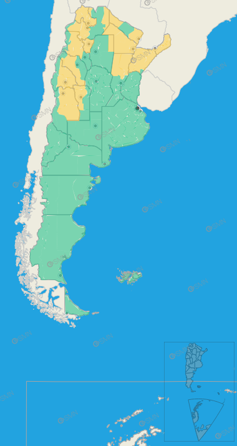 Alerta amarilla por tormentas en catorce provincias.