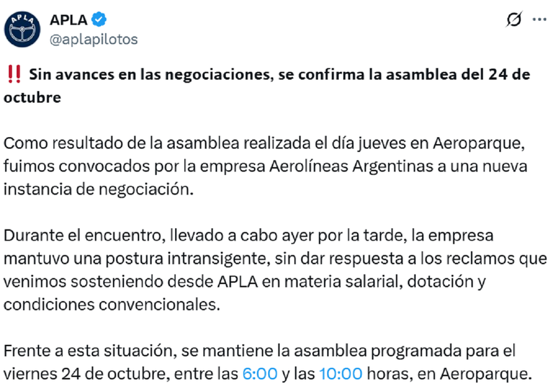 El comunicado de APLA.