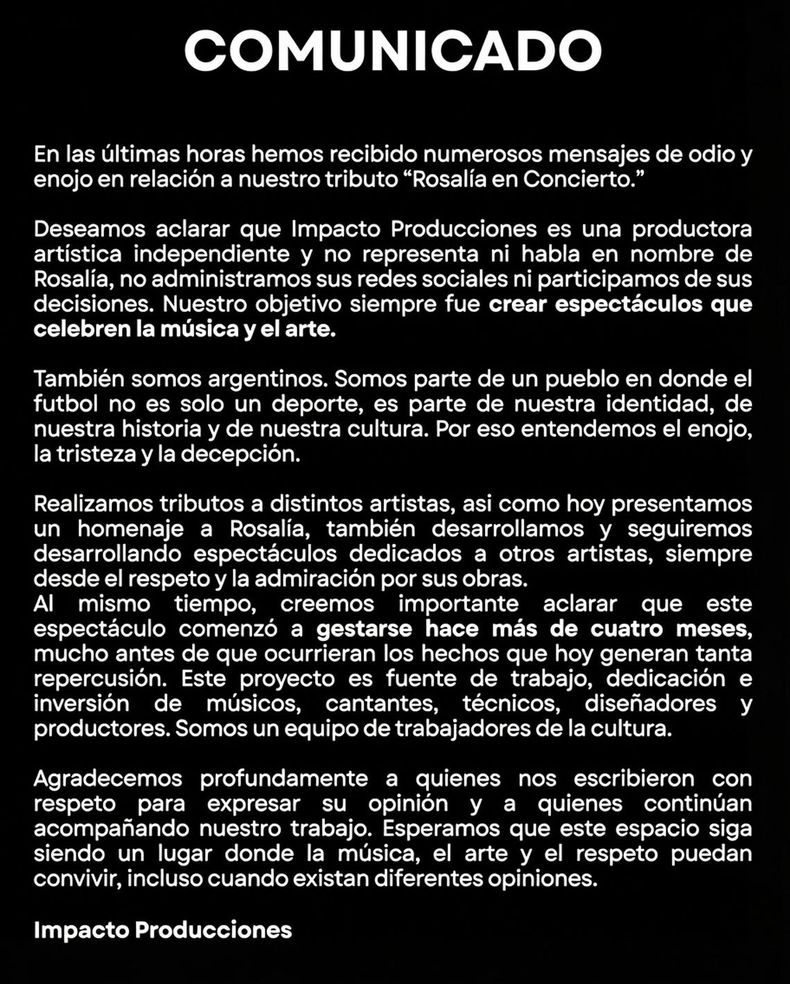 El comunicado oficial en el que se suspendió la presencia de Rosalía en Córdoba.