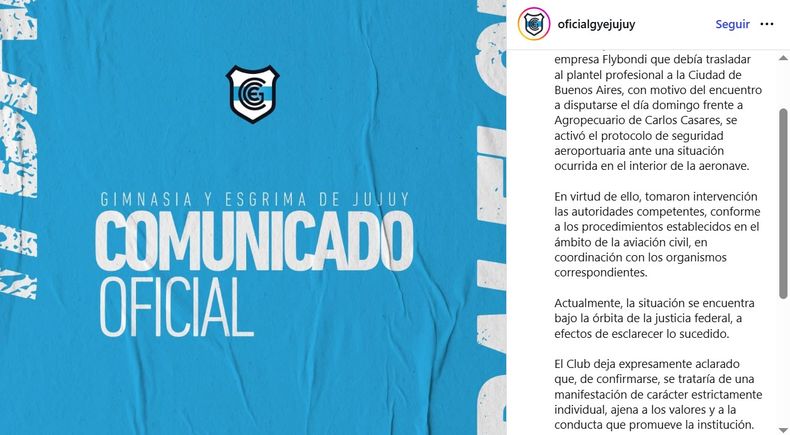El comunicado oficial de Gimnasia de Jujuy tras lo sucedido.&nbsp;