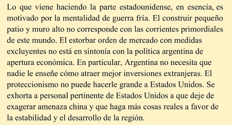 Comunicado de la Embajada de China en Argentina.
