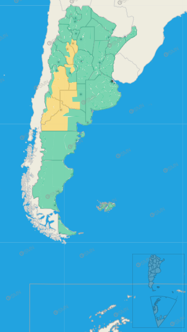Pesa alerta amarilla por vientos y tormentas para siete provincias.