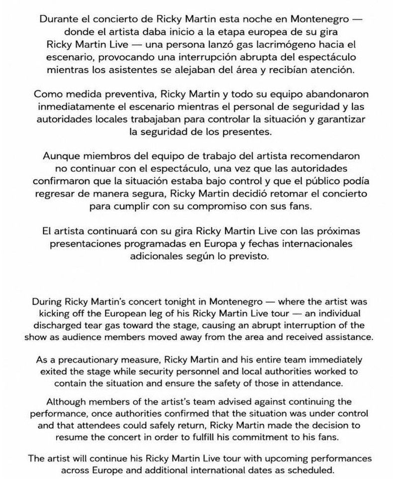 La representante y publicista de Ricky Martin, Róndine Alcalá, publicó un comunicado.