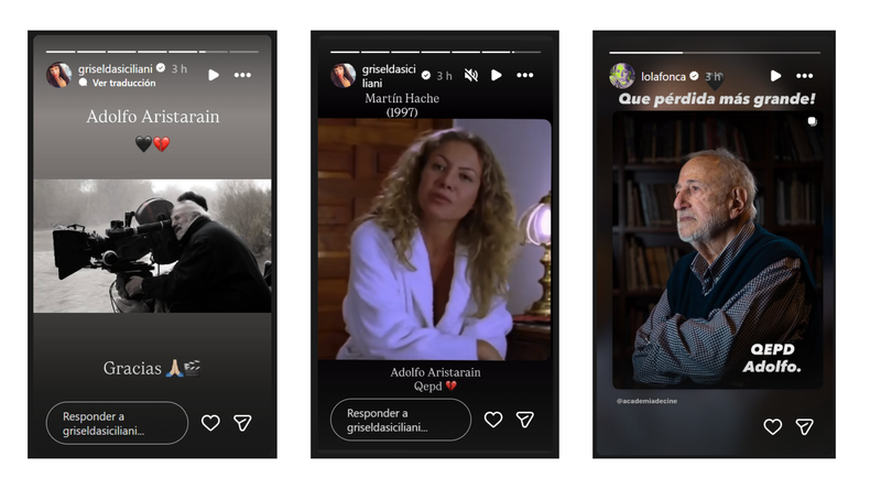 Griselda Siciliani y Dolores Fonzi despidiendo a Adolfo Aristarain en redes sociales.