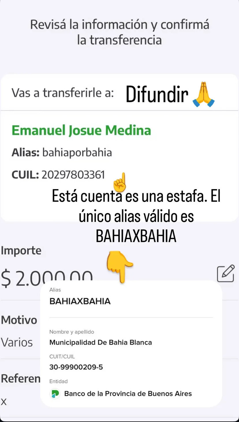 Alertaron en redes sociales por intentos de estafas para quedarse con dinero de donaciones a Bahía Blanca.