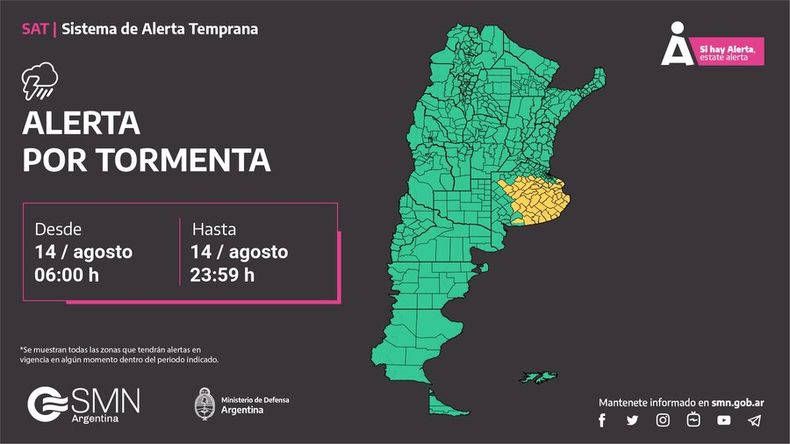 Alerta amarilla por tormentas para la provincia de Buenos Aires.