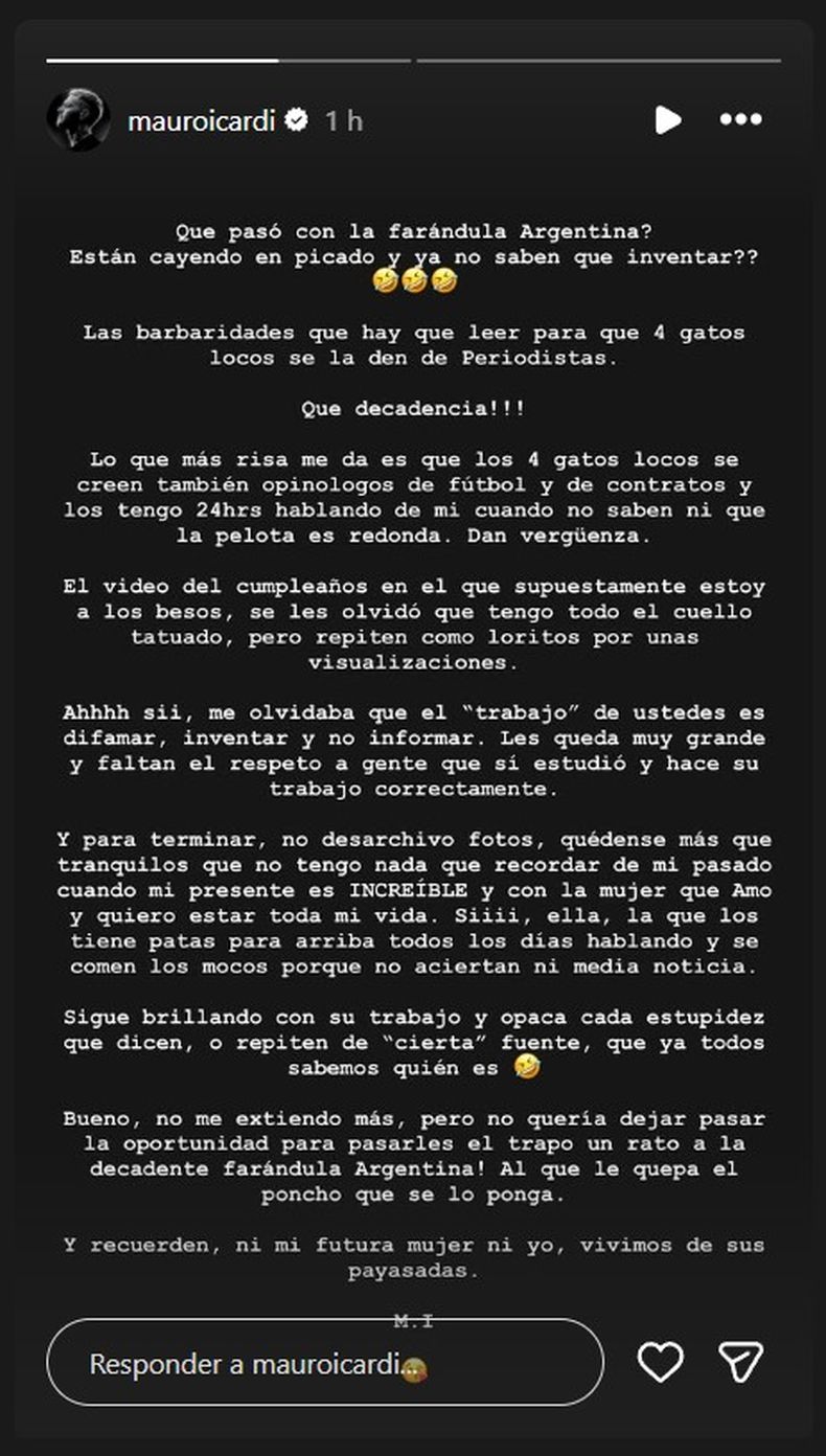 La historia de Instagram donde Mauro Icardi desmiente que el hombre del video sea él.