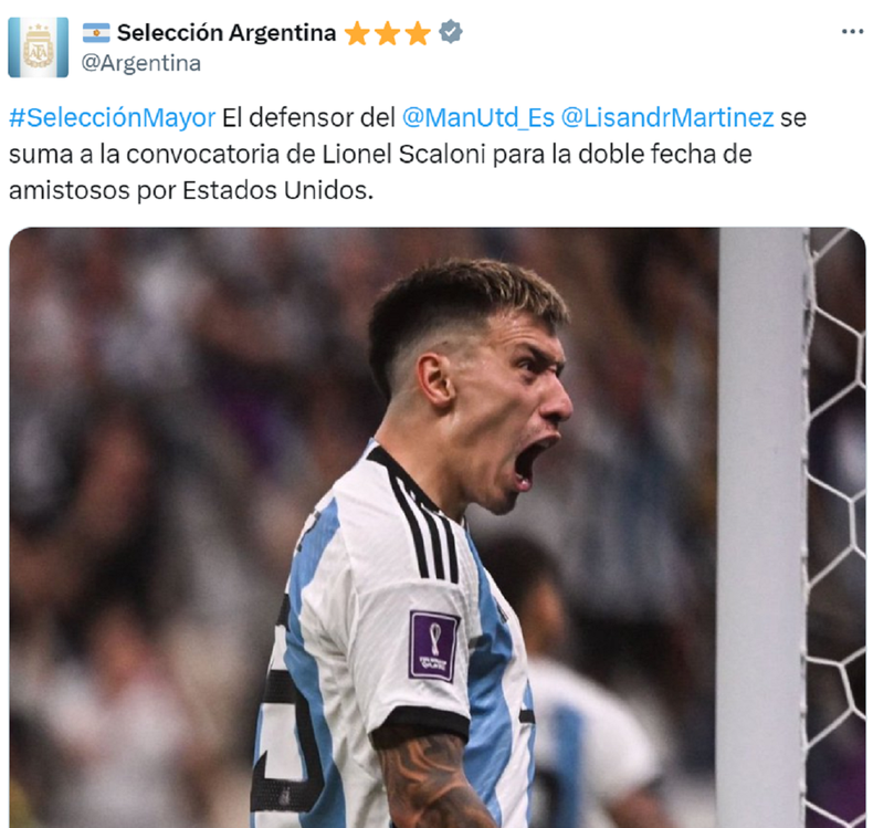 La publicación de la Selección sobre la convocatoria a Lisandro Martínez.