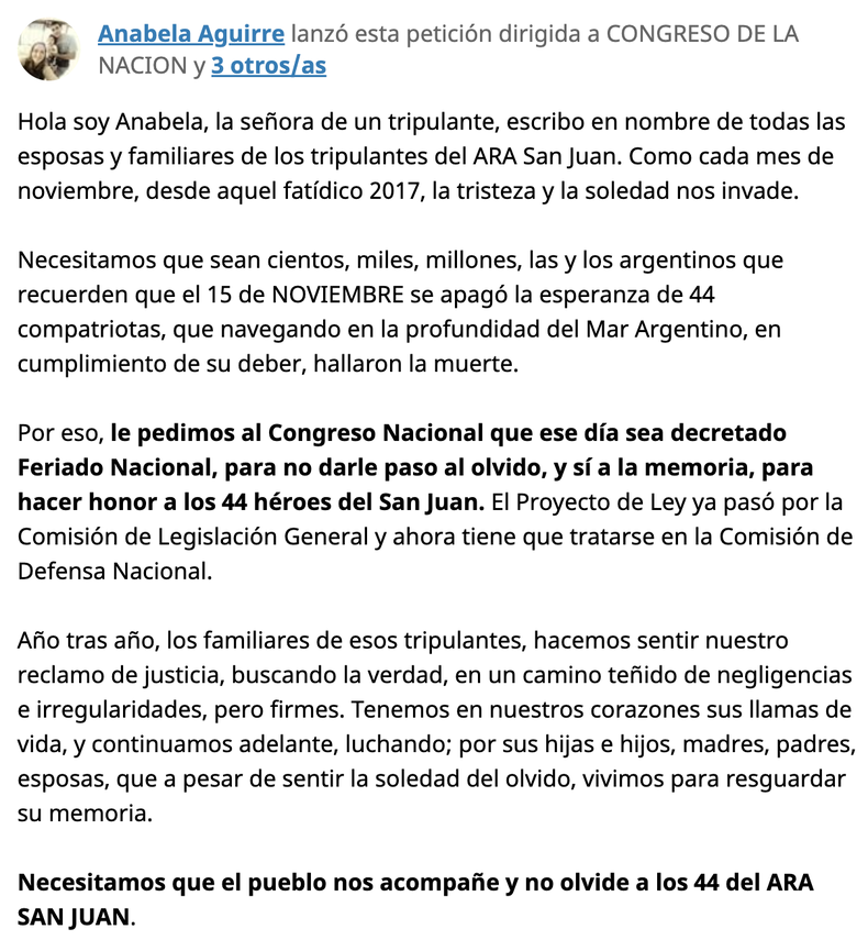 La carta de Anabela dirigida a las autoridades a través de una solicitud en Change.org. 