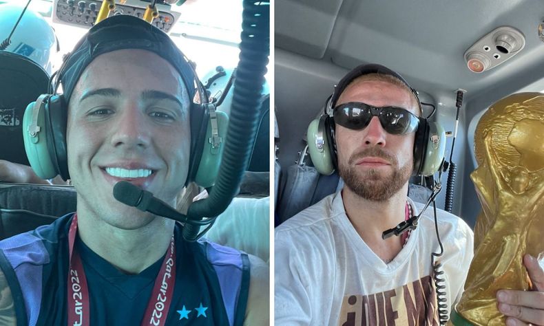 Enzo Fernández y Papu Gómez se mostraron en el helicóptero.
