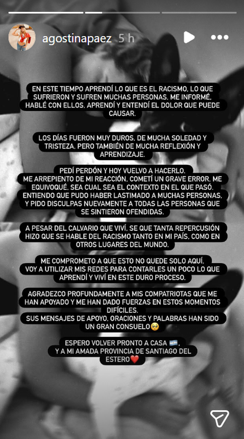 El posteo de Agostina Páez tras ser habilitada para regresar a Argentina.