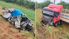 El automóvil quedó destruido por el impacto con el camión. El automóvil quedó destruido por el impacto con el camión.