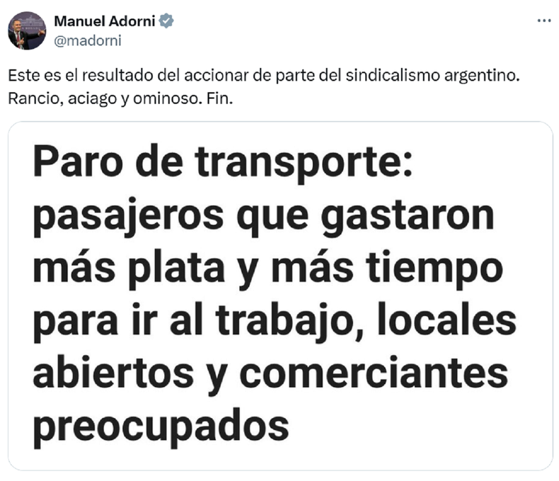 La publicación de Manuel Adorni. La publicación de Manuel Adorni.