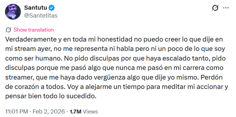 El pedido de disculpas del streamer.