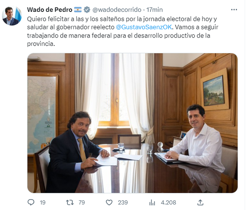 Wado de Pedro felicitó a Gustavo Sáenz por su reelección en Salta