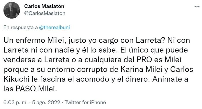 ¡ARDE LA INTERNA LIBERTARIA! Maslatón explotó contra Milei: lo acusó de "enfermo, farsante y cobarde"