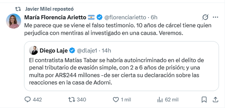 La senadora bonaerense por La Libertad Avanza María Florencia Arietto cuestionó la veracidad del testimonio del contratista que trabajó en la casa de Manuel Adorni en Exaltación de la Cruz.