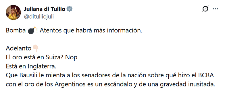 La senadora Juliana Di Tullio apuntó contra Santiago Bausili por el oro del Banco Central.
