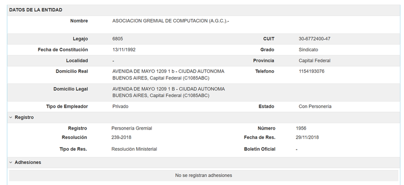 La personería gremial de AGC en el sitio web de la Secretaría de Trabajo.