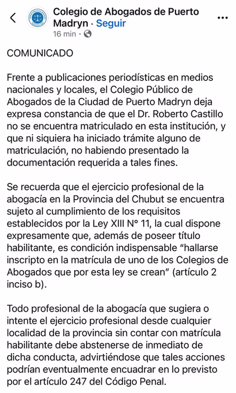 El comunicado del Colegio de Abogados de Puerto Madryn