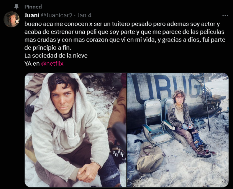 Juan Caruso, el actor de La sociedad de la nieve que es furor en Twitter