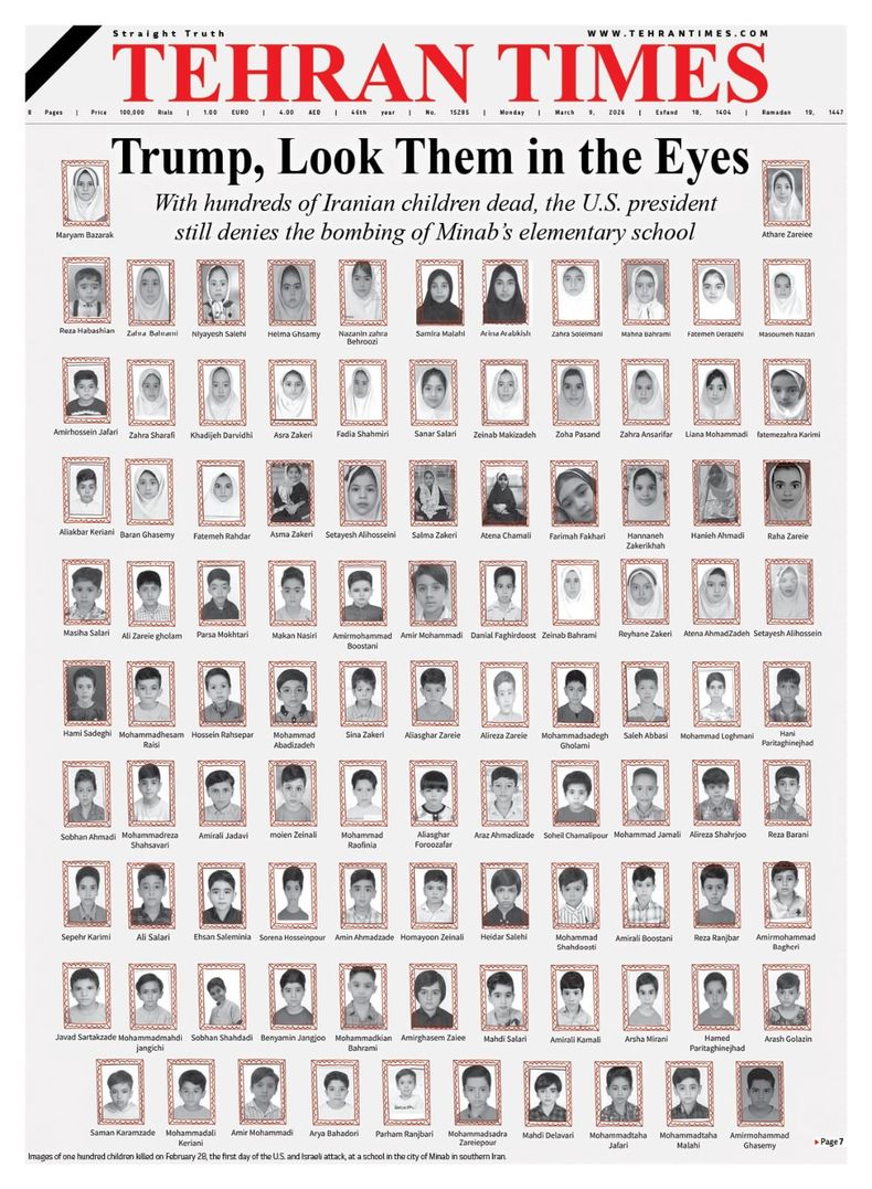 “Trump, miralos a los ojos” portada de Tehran Times sobre los niños y niñas asesinados.