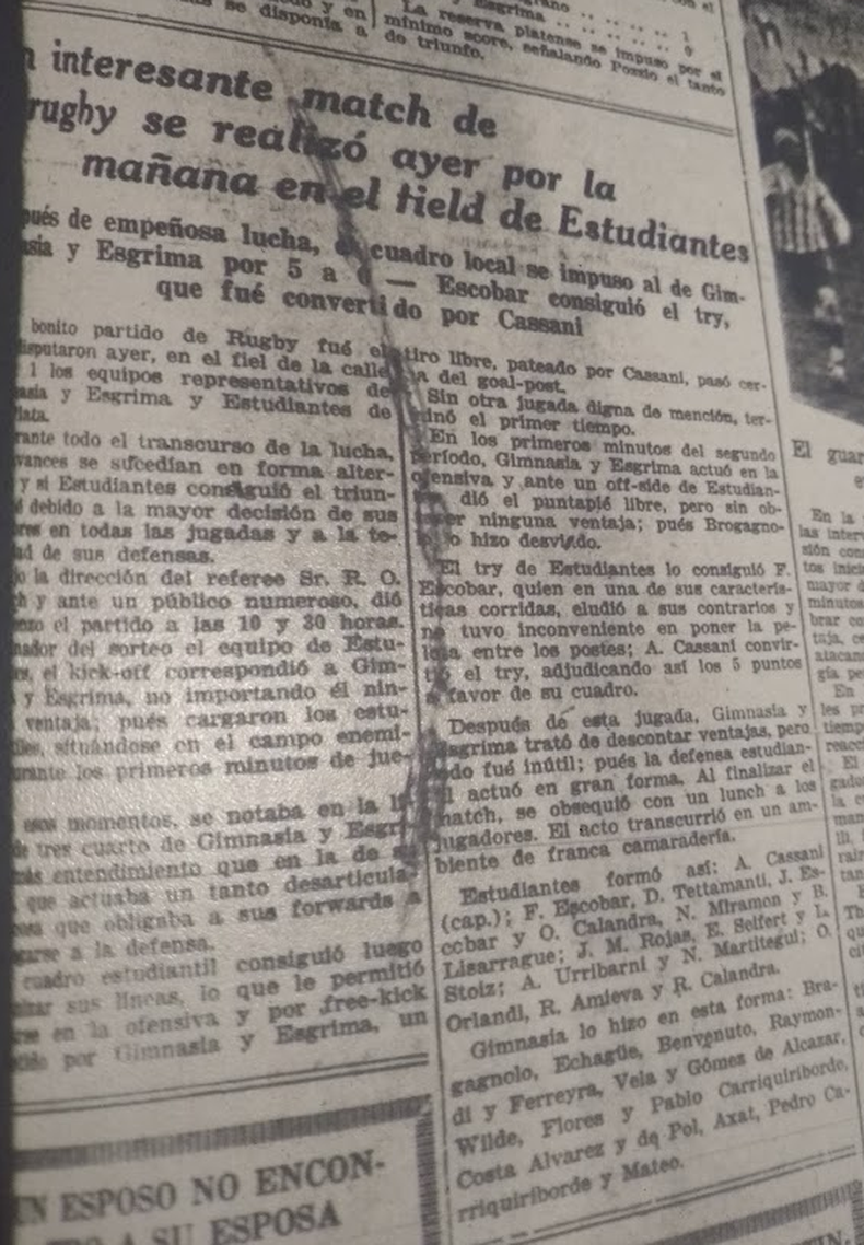 En agosto de 1928, Estudiantes derrotó a Gimnasia en el clásico platense, pero de rugby.
