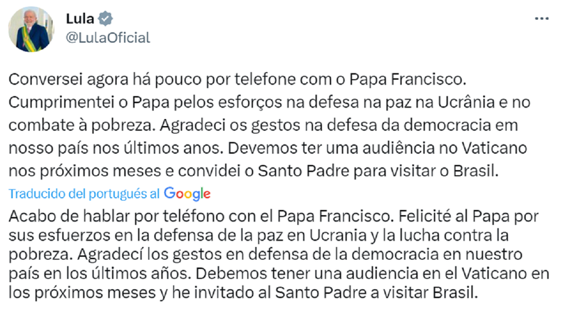 El tuit de Lula da Silva.