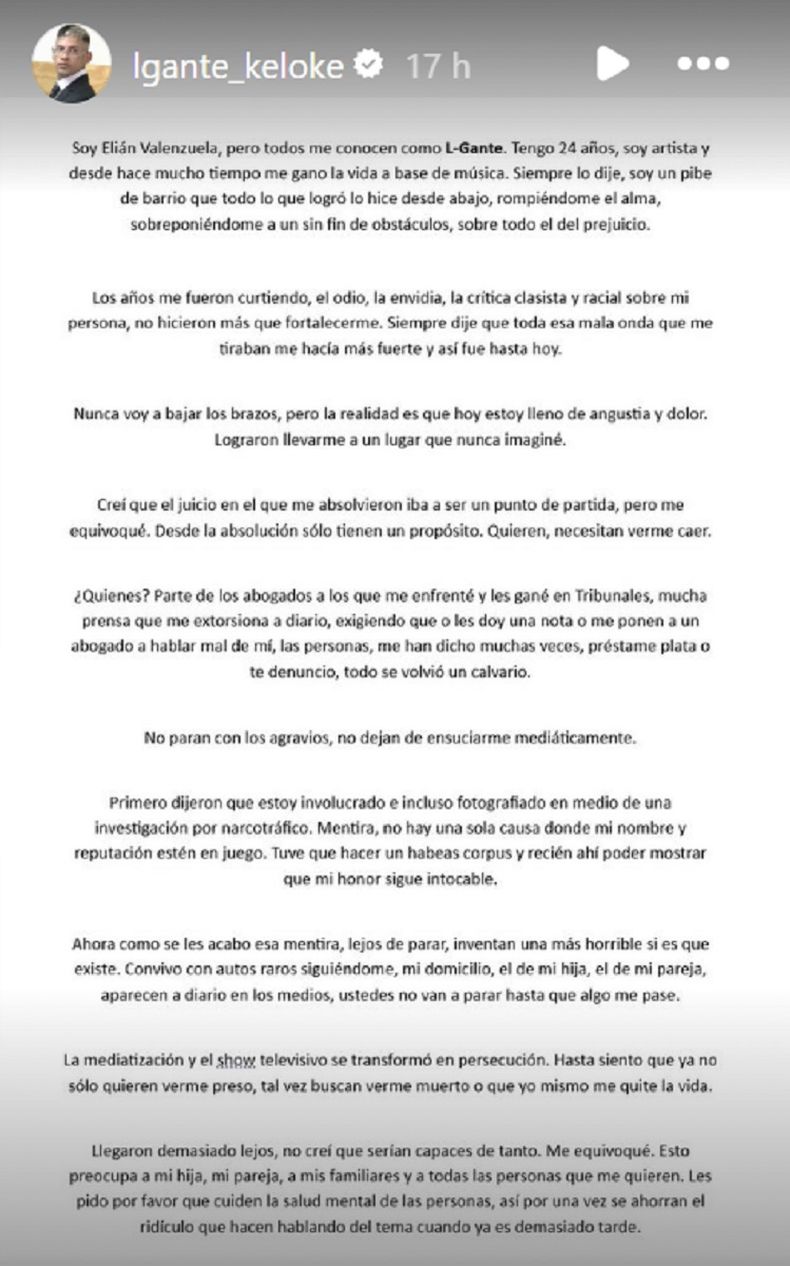 El desgarrador comunicado de L-Gante.