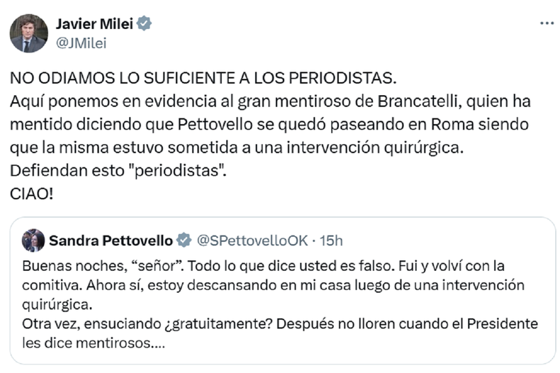 La publicación de Javier Milei. La publicación de Javier Milei.
