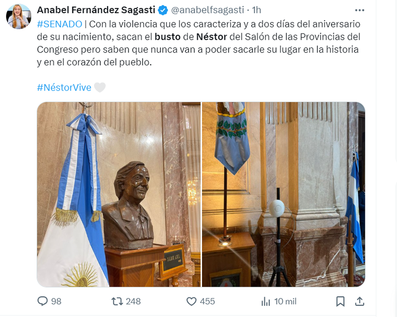 Víctoria Villarruel ordenó retirar un busto de Néstor Kirchner del Congreso: "No fue senador, no fue vicepresidente y yo no soy su viuda"