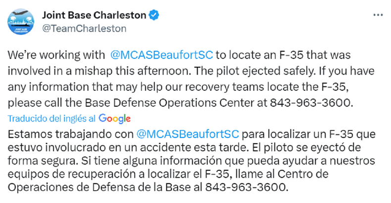 El tuit de la Base Conjunta de Charleston.