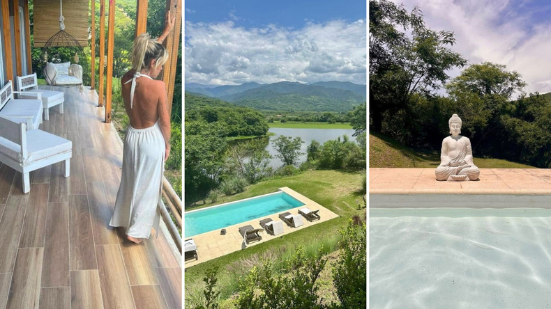 En su casa de Salta, Flor Peña tiene un jardín con pileta rústica, vegetación diversa y vistas a la laguna que definen el espacio exterior.