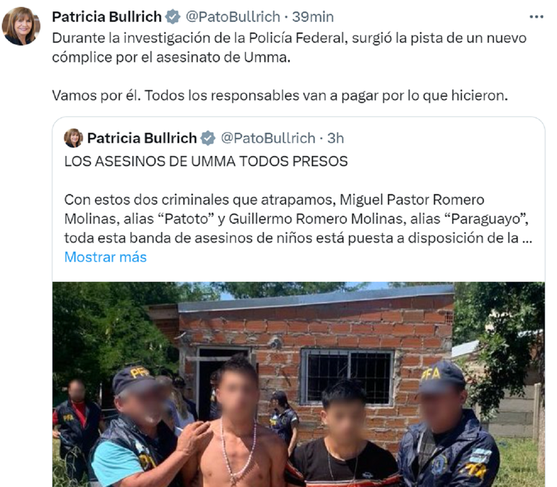La publicaci&oacute;n de Patricia Bullrich.