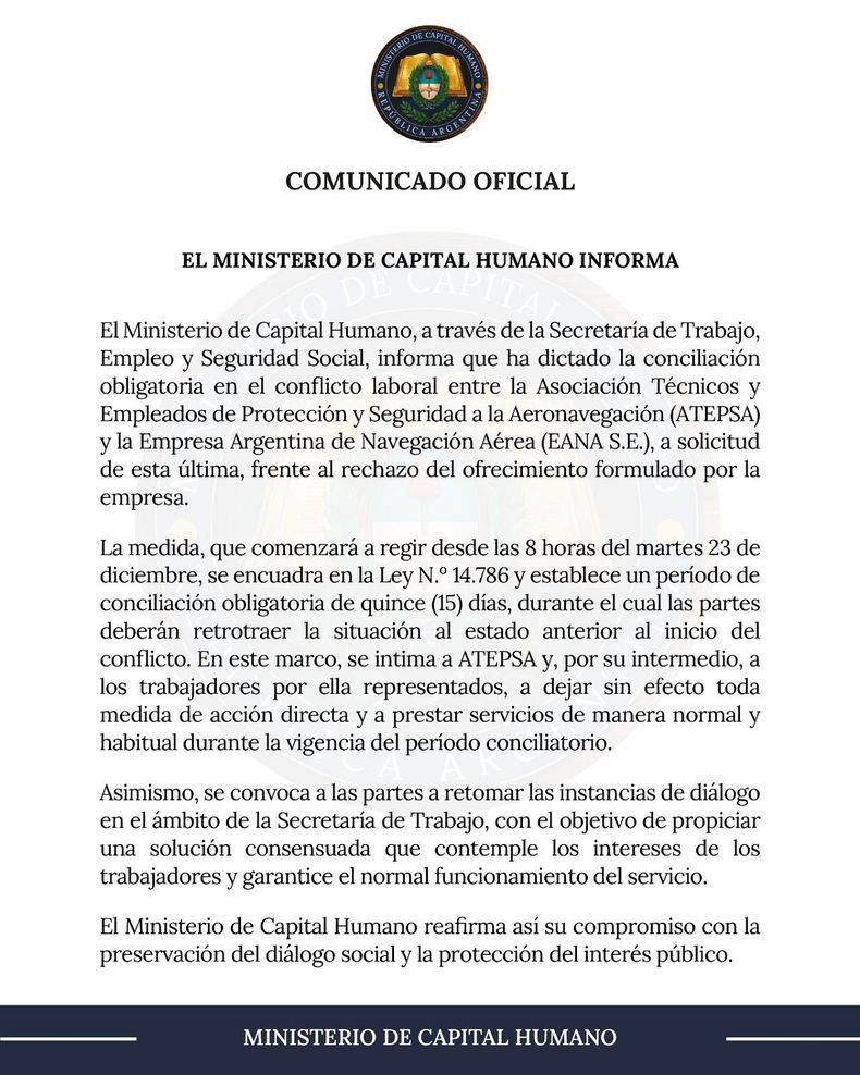 El comunicado del Ministerio de Capital Humano.