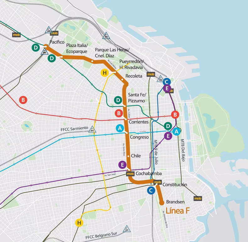El trazo de la línea F de norte a sur de la Ciudad de Buenos Aires. 