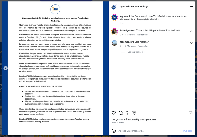El comunicado de Corriente Gremial Universitaria de la Facultad de Medicina.