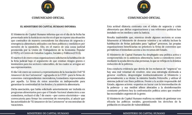 El comunicado del Ministerio de Capital Humano.
