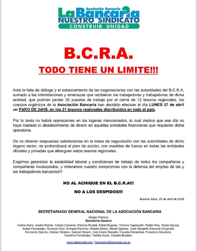 El comunicado de La Bancaria.