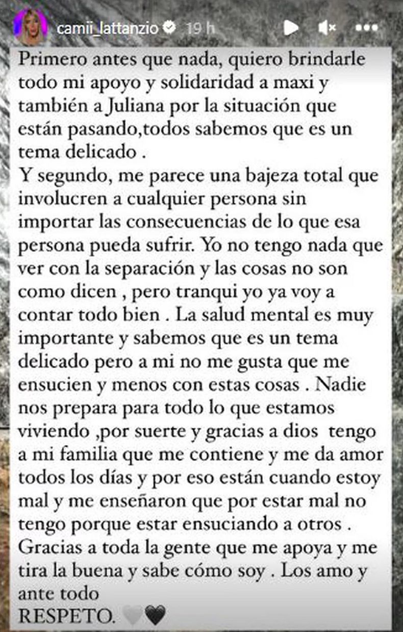As&iacute; fue el extenso comunicado de Camila Lattanzio sobre Maxi Guidici.