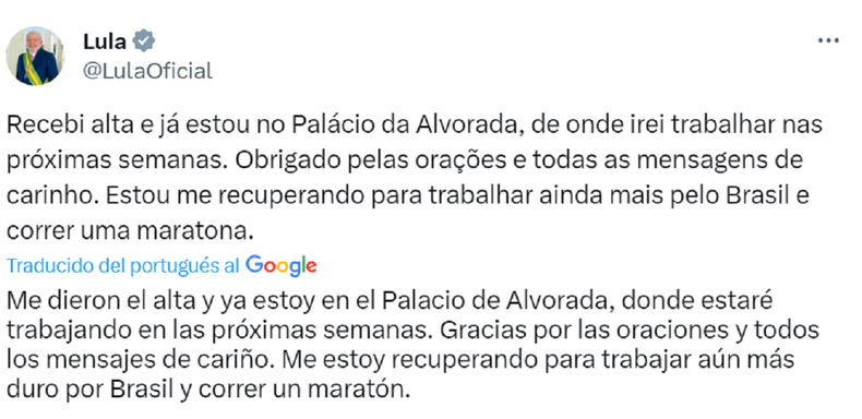 El tuit de Lula da Silva.