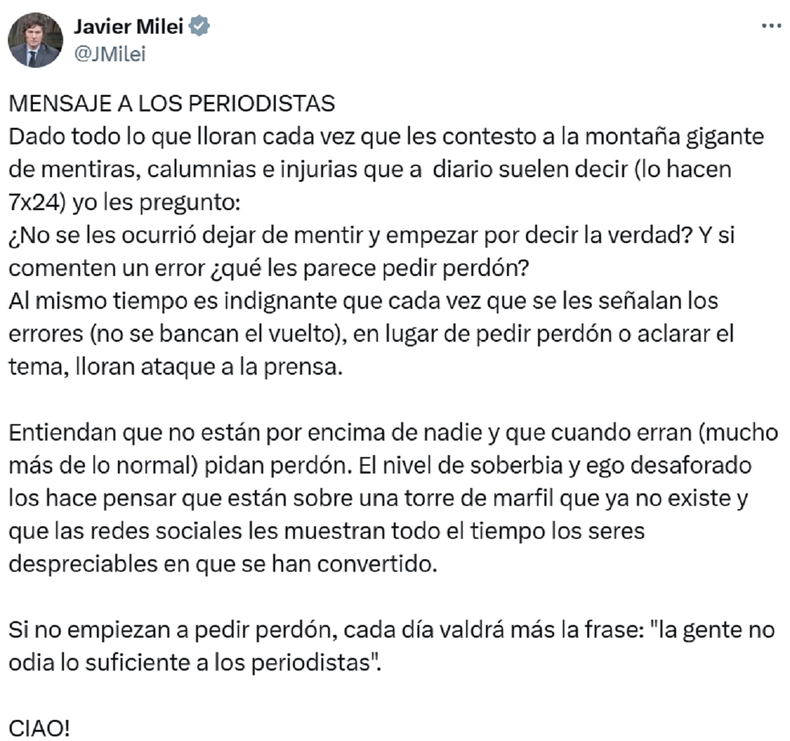 La publicación de Javier Milei. La publicación de Javier Milei.