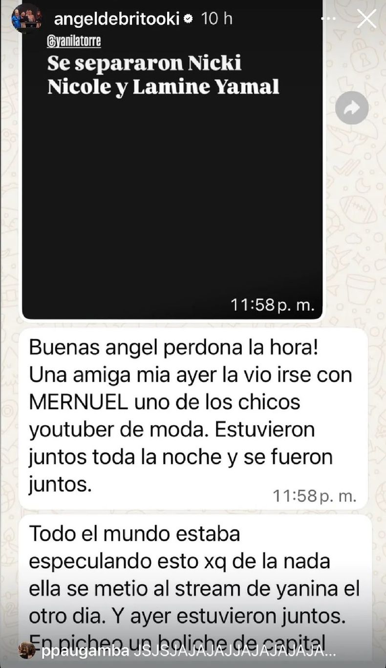 Ángel De Brito expuso a Nicki Nicole en redes sociales.