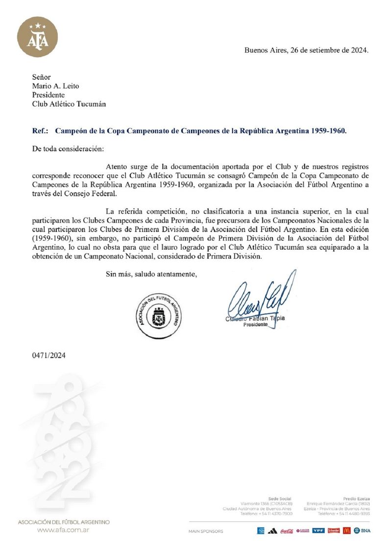 La carta dirigida por la AFA a Atlético Tucumán.