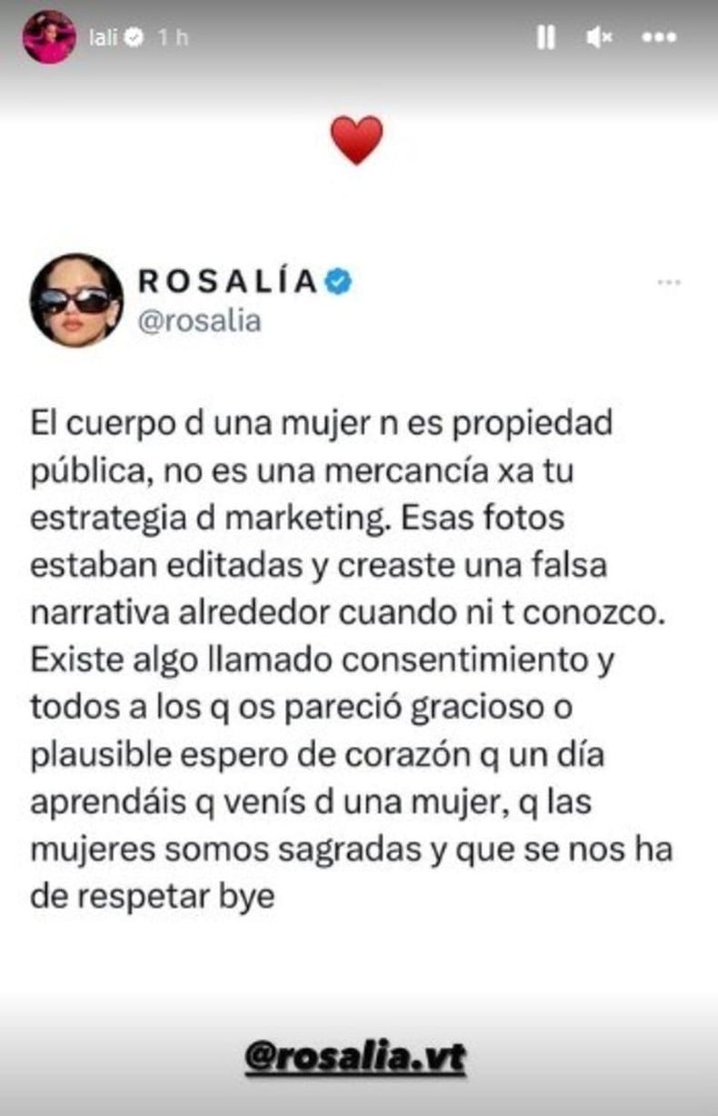 Lali Esp&oacute;sito se hizo eco del mensaje de Rosal&iacute;a.