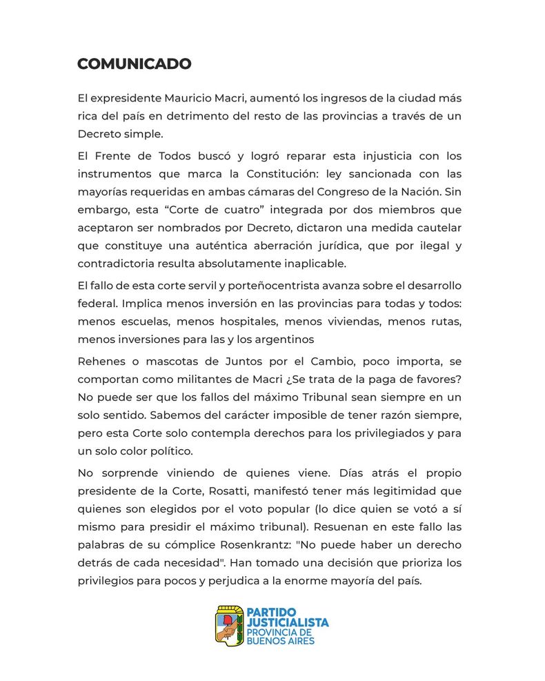 Duro comunicado del PJ bonaerense: "La Corte se ha transformado en la escribanía de Macri y Juntos por el Cambio"
